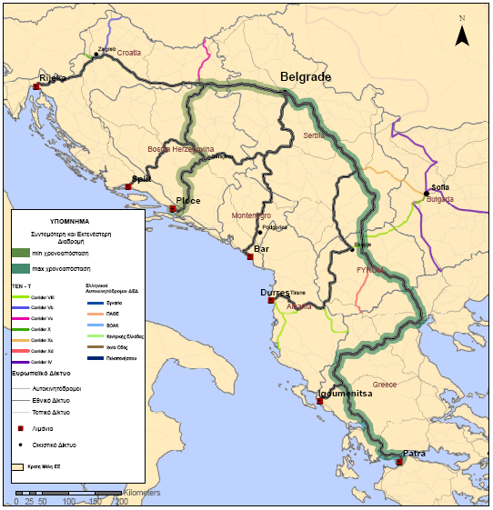 Πηγή: Ίδια επεξεργασία Χάρτης 6.8. Σενάριο 5: Συντομότερη και εκτενέστερη διαδρομή από τον Κόμβο Α (Βελιγράδι) προς τη ζώνη λιμένων της Αδριατικής Αντίστοιχα στους Χάρτες 6.9 και 6.