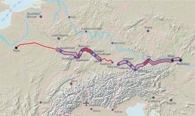 Σχηματική απεικόνιση: Έργο Προτεραιότητας 1 Συνολικό μήκος Σκοπιμότητα: Σιδηροδρομικός άξονας Paris (Γαλλία) Strasbourg (Αυστρία) Stuttgart (Γερμανία) Vienna (Ιταλία) Bratislava (Σλοβακία) 882 χλμ.