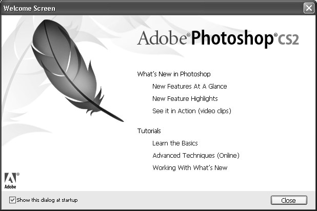 Επεξεργασία εικόνας με το Photoshop Εικόνα 2.1 Η οθόνη καλωσορίσματος του Adobe Photoshop CS2 Η οθόνη καλωσορίσματος εμφανίζεται εξ ορισμού κάθε φορά που ξεκινάει η εφαρμογή.