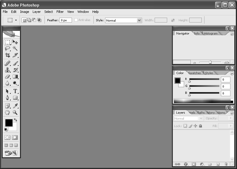 Κεφάλαιο 2: Adobe Photoshop CS2 Γραμμή τίτλου Γραμμή μενού Γραμμή Επιλογών ενεργού εργαλείου Επιλεγμένο εργαλείο Εργαλειοθήκη Παλέτες Χώρος εργασίας Εικόνα 2.