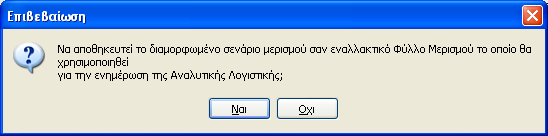 Στο παράθυρο «Σενάριο Μερισμού» εμφανίζονται οι λογαριασμοί της αναλυτικής λογιστικής με τα ποσοστά τους και τα ποσά του επιμερισμού.