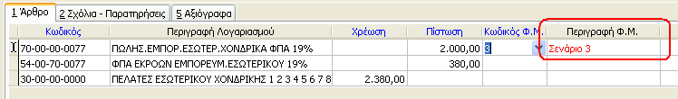 Μετά την αποθήκευση παρατηρούμε ότι το πεδίο «Περιγραφή Φ.Μ» στο άρθρο εμφανίζεται με κόκκινο χρώμα, που σημαίνει ότι το συγκεκριμένο σενάριο για το συγκεκριμένο άρθρο έχει δεχθεί μεταβολή.