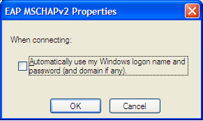 Βήμα 9ο: Θα εμφανιςτεί το ακόλουθο παράθυρο ιδιοτήτων για το EAP MSCHAPv2. Βεβαιωθείτε ότι η επιλογή «Automatically use mu Windows logon name and password (and domain if any) δεν είναι επιλεγμζνη.