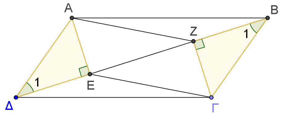 ΘΕΜΑ 2 2827 Τα τρίγωνα ΑΔΕ και ΓΒΖ έχουν Ε=Ζ= ˆ ˆ 90 Α = ΒΓ Β ˆ = ˆ 1 1 ως απέναντι πλευρές παραλληλογράμμου ως εντός εναλλάξ Αρα από 3.6 Θεώρημα Ι είναι ίσα.