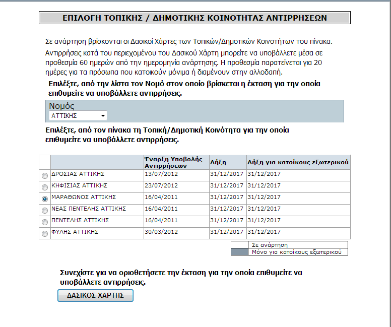 Στη συνέχεια καλείται αν επιλέξει τον ΟΤΑ του συγκεκριµένου Νοµού στον οποίο βρίσκεται η έκταση για την οποία πρόκειται να υποβάλει αντίρρηση, όπως φαίνεται στην ακόλουθη οθόνη: Εικόνα 18 Αφού