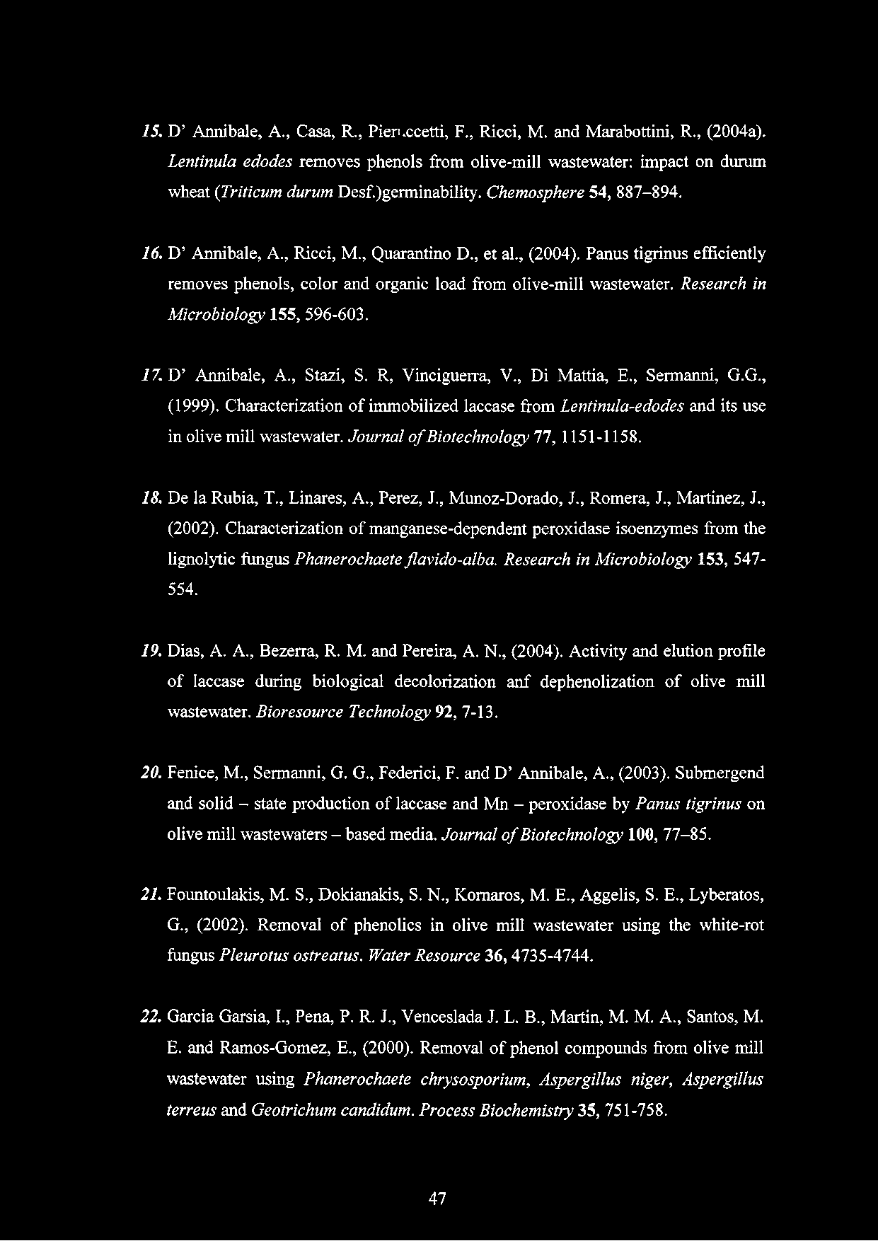 15. D Annibale, A., Casa, R., Pieruccetti, F., Ricci, M. and Marabottini, R., (2004a). Lentinula edodes removes phenols from olive-mill wastewater: impact on durum wheat (Triticum durum Desf.
