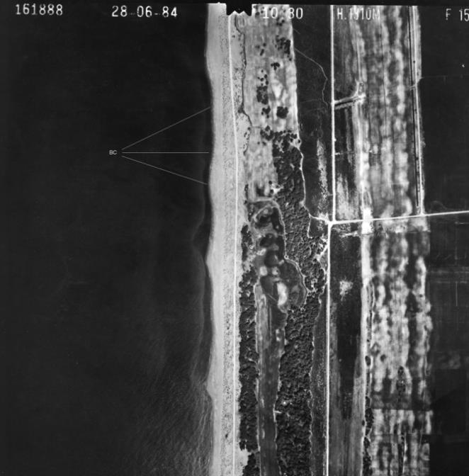Εικόνα 2.15: Ρυθμική ακτογραμμή στον κεντρικό Κυπαρισσιακό κόλπο (BC= ασύμμετρα beach cusps στο ενεργό τμήμα της παραλίας).