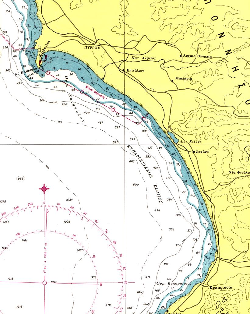 Εικόνα 2.24: Βυθομετρικός χάρτης του Κυπαρισσιακού κόλπου (απόσπασμα υδρογραφικού χάρτη ΥΥΠΝ, 22 ΙΝΤ 3418). 2.7.