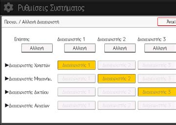 1. Έναρξη 6. Πιέστε [Αλλαγή] για τον διαχειριστή που θέλετε να αλλάξετε. 7. Πιέστε [Αλλαγή] για το "Κωδ. Πρόσβ. Σύνδ.". 8. Εισάγετε τον κωδικό σύνδεσης και κατόπιν πιέστε [OK]. 9.