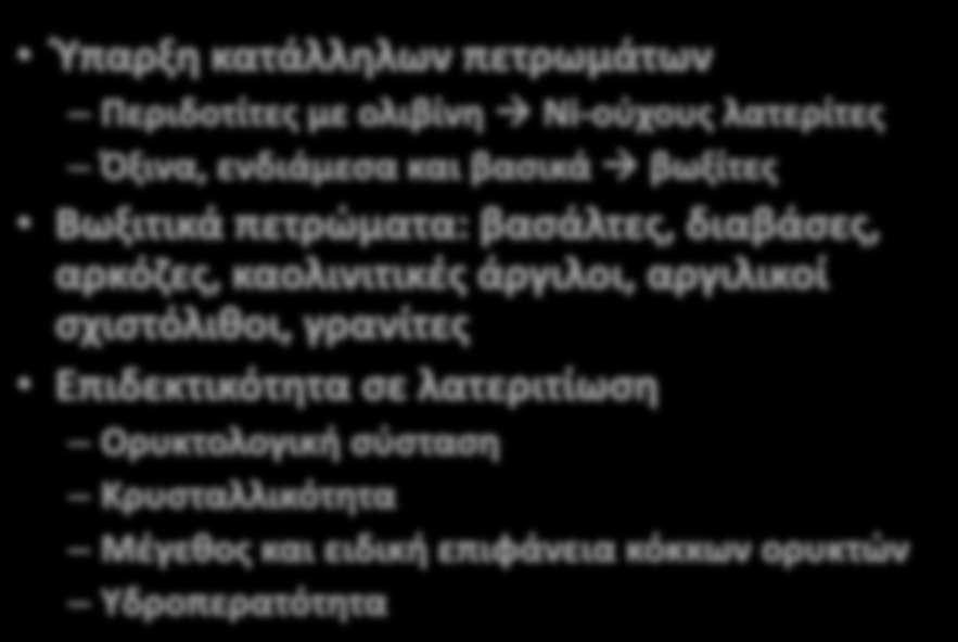 Ύπαρξη κατάλληλων πετρωμάτων Περιδοτίτες με ολιβίνη Ni-ούχους λατερίτες Όξινα, ενδιάμεσα και βασικά βωξίτες Βωξιτικά πετρώματα: βασάλτες, διαβάσες, αρκόζες,