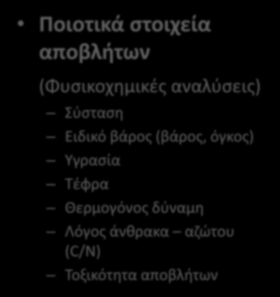 Απαραίτητα βασικά στοιχεία για ορθολογική διαχείριση και αξιοποίηση των ΑΣΑ Ποσοτικά στοιχεία αποβλήτων Παραγωγή Ρυθμός αύξησης Μοναδιαία (per capita) Παραγωγή Αποβλήτων Μ.Π.Α. Διακυμάνσεις Ημερήσια