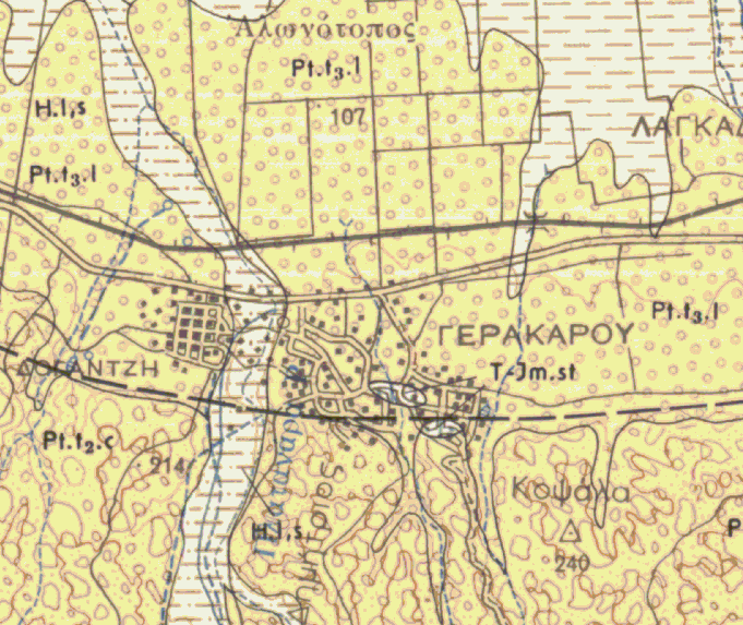 Εικόνα 2-14. Λεπτομέρεια του γεωλογικού χάρτη του Ι.Γ.Μ.Ε. κλίμακας 1:50.000 της περιοχής της Γερακαρούς. H.l,s: αποθέσεις στις κοίτες χειμάρρων αμμούχες άργιλοι, άμμοι και ψηφίδες (Ολόκαινο), Pt.