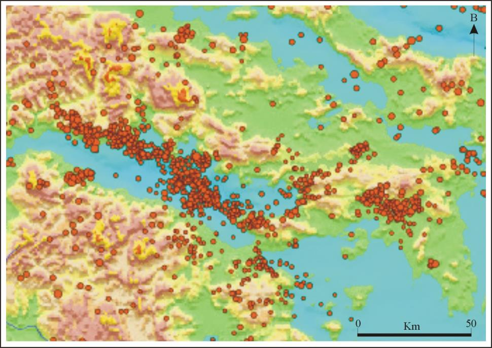 Εικόνα 3-2. Χάρτης στον οποίο φαίνεται η σεισμικότητα στον Κορινθιακό κόλπο και την Κεντρική Ελλάδα κατα την περίοδο 1996-2002 (Γεωδυναμικό Ινστιτούτο Αθηνών). 3.2.2 Ιστορικοί σεισμοί στην περιοχή Θηβών Βοιωτίας Παρακάτω αναφέρονται συνοπτικά οι ισχυρότεροι ιστορικοί σεισμοί στην ευρύτερη περιοχή Θηβών Βοιωτίας: 217 μ.