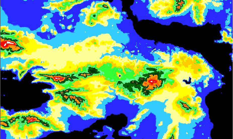 Εικόνα 3-11.Τρισδιάστατο ψηφιακό μοντέλο της περιοχής Αττικοβοιωτίας Εικόνα 3-12. Έγχρωμο σκιασμένο ανάγλυφο της περιοχής της Αττικοβοιωτίας (0-100 μπλέ, 100-200 γαλανό, έως 1300-1500 λευκό.