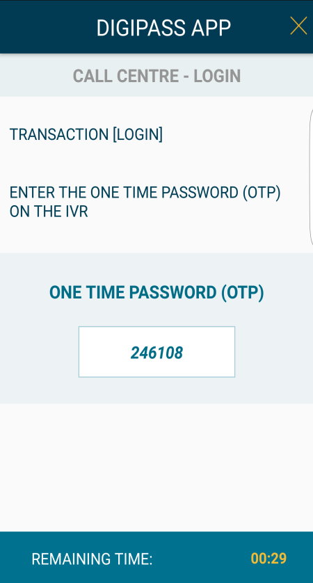 e. Καταχωρήστε το Digipass APP PIN σας ή χρησιμοποιήστε το δακτυλικό αποτύπωμα, εάν εφαρμόζεται (θα ανοίξει έτσι η επιλογή Είσοδος f. Θα εμφανιστεί το ΟΤP g.