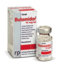 Butomidor 10 mg/ml ενέσιμο διάλυμα για άλογα, σκύλους και γάτες. Ισχυρό οπιοειδές Δραστική ουσία: 1 ml περιέχει: Butorphanol ως tartrate 10 mg Συσκευασίες: 1 x 10 ml, 5 x 10 ml, 10 x 10 ml, 1 x 50 ml.