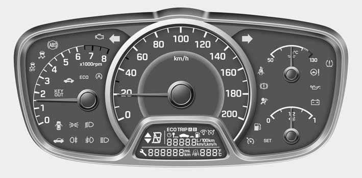 IA_i10_Gre4A_PB eng 4-63.qxd 4/11/2014 4:58 μμ Page 44 Τα χαρακτηριστικά του αυτοκινήτου σας ΤΑΜΠΛΟ ΟΡΓΑΝΩΝ Bενζινοκινητήρας 1. Ταχύμετρο 2. Όργανο θερμοκρασίας κινητήρα 3. Όργανο καυσίμου 4.