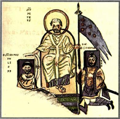 Ο Άγιος Πέτρος παραδίδει στον πάπα Λέοντα Γ' το μανδύα (pallium) και στο βασιλέα (rex) Καρλομάγνο