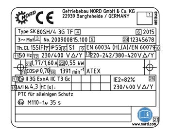 Pos : 88 /Anl eitungen/m otoren/b1091 Drehstrommotoren/3. AT EX/T ypensc hild N ORD Exn- Motor en nac h EN 60079 [EXN] @ 7\mod_1431422755084_1390.