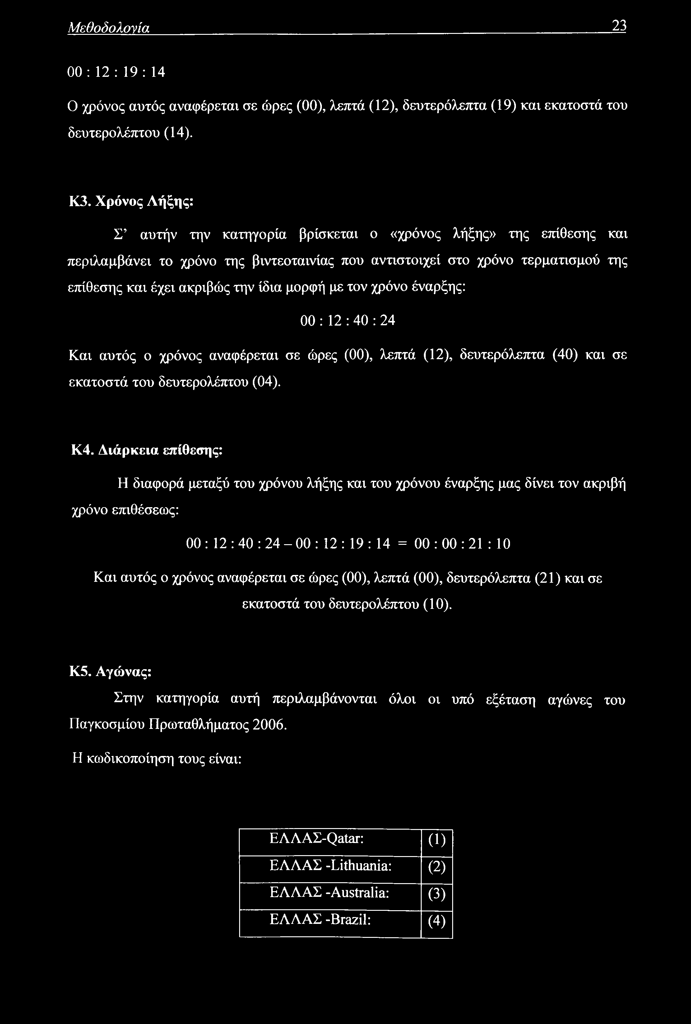 Μεθοδολογία 23 00 : 12 : 19 : 14 Ο χρόνος αυτός αναφέρεται σε ώρες (00), λεπτά (12), δευτερόλεπτα (19) και εκατοστά του δευτερολέπτου (14). Κ3.