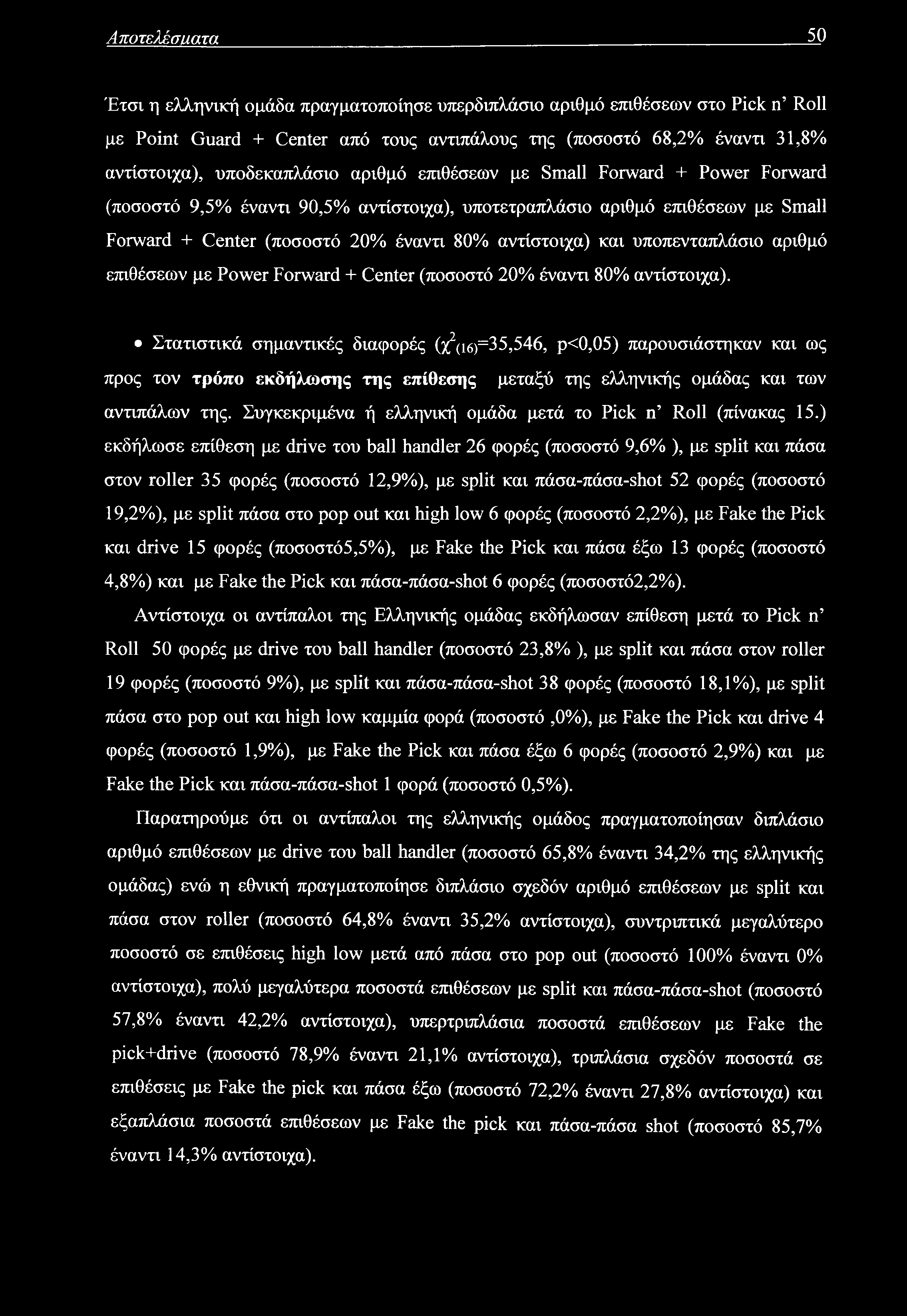 Αποτελέσαατα 50 Έτσι η ελληνική ομάδα πραγματοποίησε υπερδιπλάσιο αριθμό επιθέσεων στο Pick n Roll με Point Guard + Center από τους αντιπάλους της (ποσοστό 68,2% έναντι 31,8% αντίστοιχα),