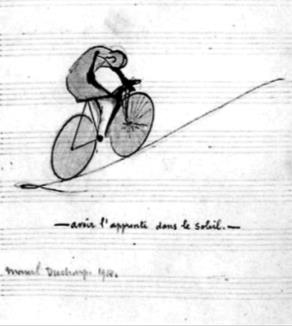 Marcel Duchamp, Having the apprentice in the sun, 1914 Σκίτσο ποδηλάτη πάνω σε άδεια μουσική σελίδα πεντάγραμμου με τίτλο Έχοντας τον μαθητευόμενο στον ήλιο.