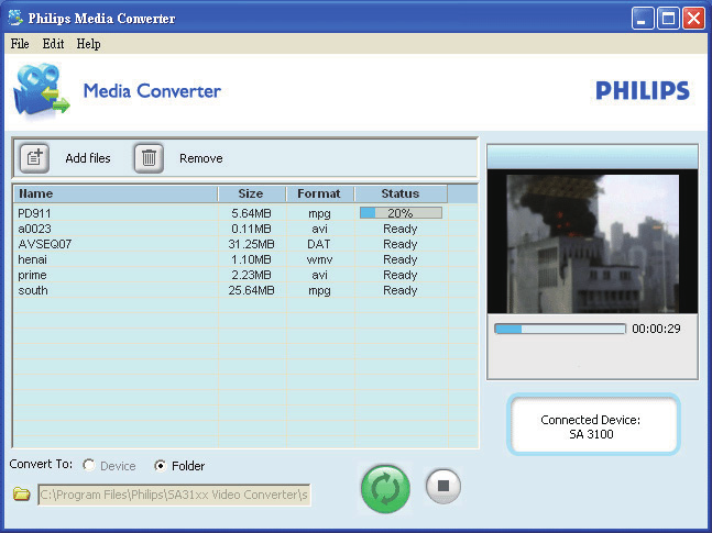 6 Βίντεο Μεταφορά βίντεο στη συσκευή αναπαραγωγής Μπορείτε να μεταφέρετε βίντεο στη συσκευή αναπαραγωγής με δύο τρόπους: Μεταφορά με Philips Media Converter: Με το λογισμικό μετατροπής βίντεο,