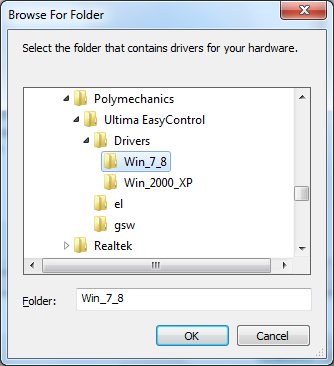 7. Στη συνέχεια, επιλέξτε «Αναζήτηση» 8. Επιλέξτε τον φάκελο «Polymechanics->Ultima EasyControl->Drivers->Win_7_8» και πατήστε το πλήκτρο «ΟΚ».