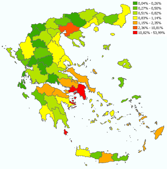 Σχ. 6-3 Ποσοστό µεταναστών ανά νοµό ως προς το σύνολο των µεταναστών της Ελλάδος για το 2008 Προφανώς ανάµεσα στα σχήµατα 6-2 και 6-3 δε φαίνονται ιδιαίτερες διαφορές, διαφορές όµως που θα είναι