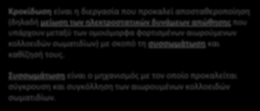 Μηχανισμός της κροκίδωσης Προσθήκη κροκκιδωτικού Αρνητικά φορτισμένα κολλοειδή σωματίδια Μικροκροκίδες Ανάδευση Κροκίδωση είναι η διεργασία που προκαλεί αποσταθεροποίηση (δηλαδή μείωση των