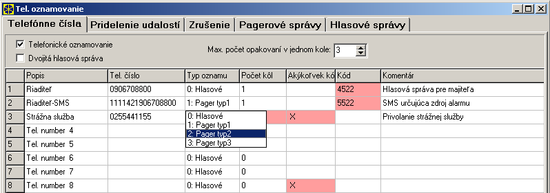 INTEGRA Programovanie 85 Kódy udalostí zobrazené na obrázkoch 21 a 222 sú iba náhodné a zobrazené sú len ako príklad programovania. Programujú sa zhodne s pokynmi obsluhy PCO. 11. Oznamovanie Obr. 23.