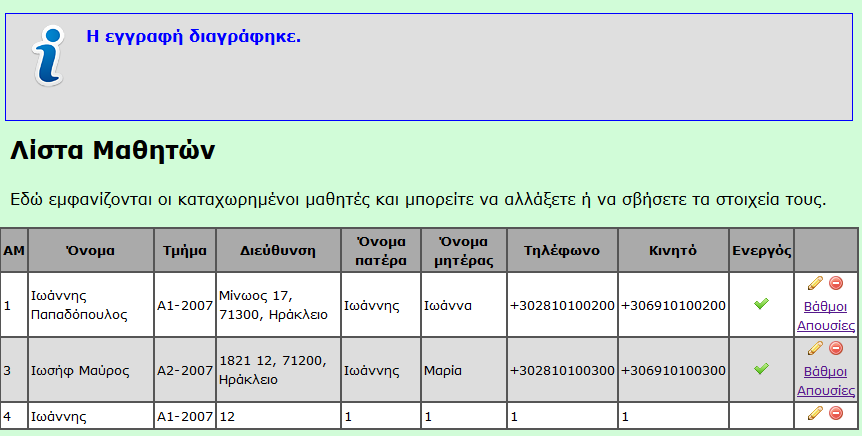 Αυτό χρειάζεται να κάνει τη διαγραφή του μαθητή και να παρουσιάσει πάλι τη λίστα με την αλλαγή που έγινε.