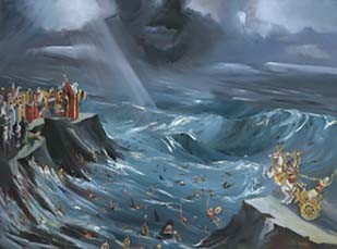 «Ο Κύριος τότε είπε στο Μωυσή: «Άπλωσε το χέρι σου πάνω απ' τη θάλασσα, και τα νερά θα γυρίσουν να σκεπάσουν τους Αιγυπτίους, τις άμαξες τους και τους αναβάτες τους».