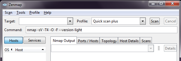 Quick scan plus: nmap -sv -T4 -O -F --version-light -sv: -T4: -O: -F: --version-light: Κάνει Version Detection. Κάνει τη σάρωση πιο γρήγορα.