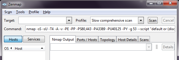 Slow comprehensive scan: nmap -ss -su -T4 -A -v -PE -PP -PS80,443 -PA3389 -PU40125 - PY -g 53 --script