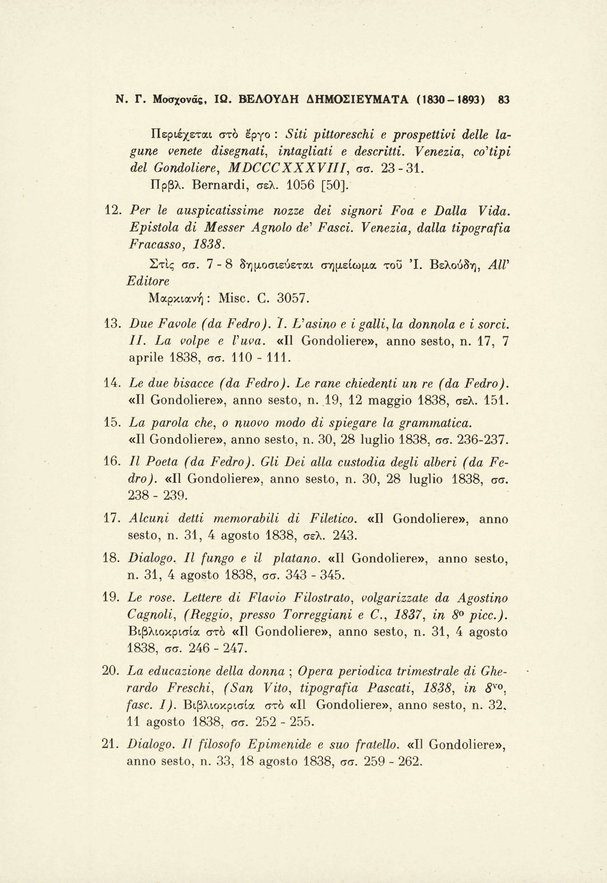 Ν. Γ. Μσσχονάς, ΙΩ. ΒΕΛΟΥΔΗ ΔΗΜΟΣΙΕΥΜΑΤΑ (1830-1893) 83 Περιέχεται στο έργο : Siti pittoreschi e prospettivi delle la gune venete disegnati, intagliati e descritti.