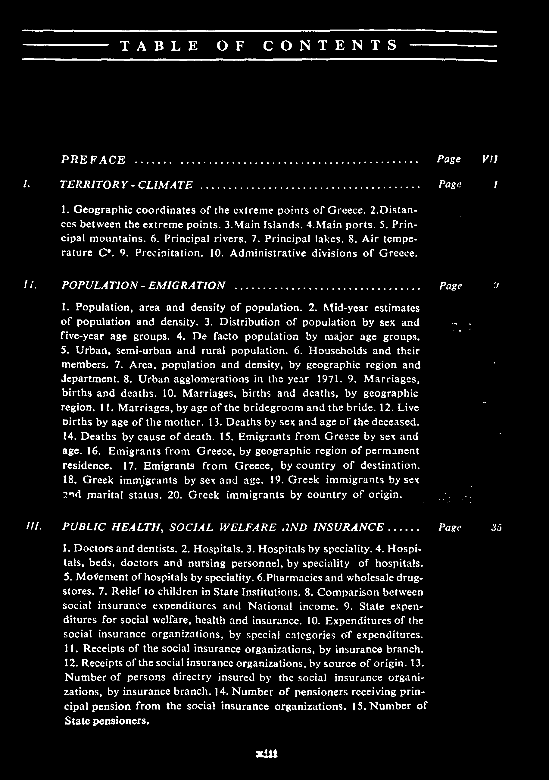 TABLE OF CONTENTS PREFACE Page VII I. TERRITORY - CLIMATE Page 1 1. Geographic coordinates of the extreme points of Greece. 2. Distances between the extreme points. 3. Main Islands. 4. Main ports. 5.