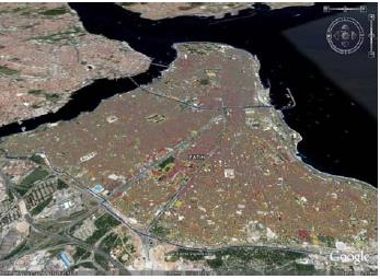 Εικόνα 30:Το τελικό αποτέλεσμα της τρισδιάστατης απεικόνισης κτιρίων στην ιστορική χερσόνησο (Πηγή: Sengul, 2008) Το σύστημα 3D GIS που δημιουργήθηκε στην ιστορική χερσόνησο κατά μήκος των ορίων