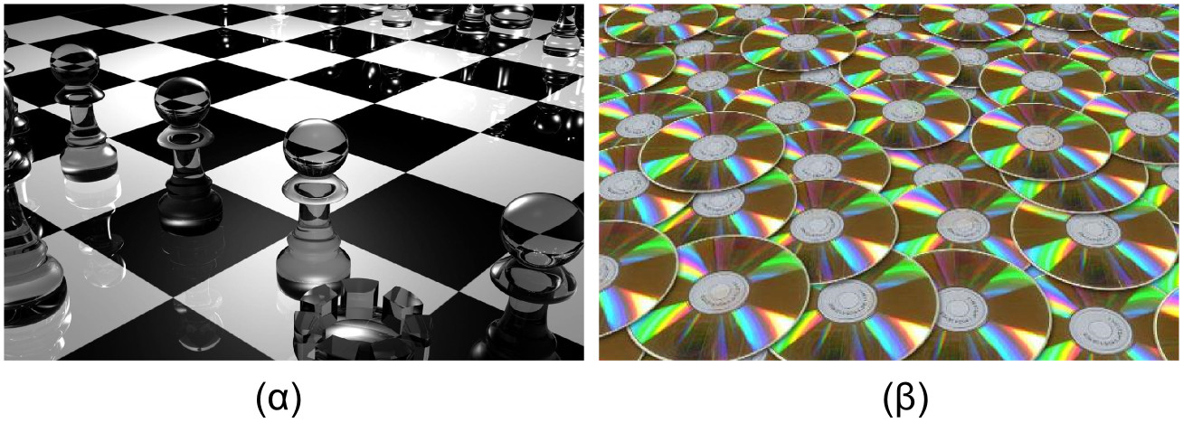 Εικόνα 4.1: Προοπτική παραμόρφωση γεωμετρικών ιδιοτήτων. (α) Τα τετράγωνα κελιά της σκακιέρας δεν μοιάζουν με τετράγωνα. (β) Τα CD αν και έχουν κυκλικό σχήμα απεικονίζονται σε ελλείψεις.