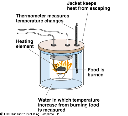 Ενεργειακό (θερμιδικό) περιεχόμενο τροφίμων Το ενεργειακό περιεχόμενο της τροφής μετράται με τη βοήθεια του θερμιδόμετρου κάυσης.