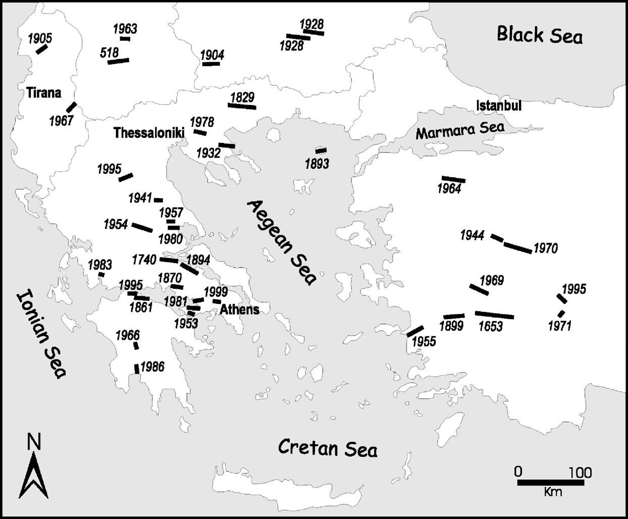 Ιστορικές επιφανειακές διαρρήξεις ενεργών ρηγμάτων Pavlides et al.