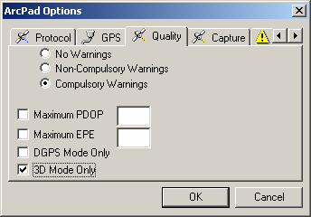 Εικόνα 6.20: Ρύθμιση των ιδιοτήτων στο Tab GPS Tab Quality. Σε αυτό το παράθυρο ορίζονται οι παράμετροι ποιότητας που πρέπει να ικανοποιούν οι συντεταγμένες που εισέρχονται στο ArcPad.