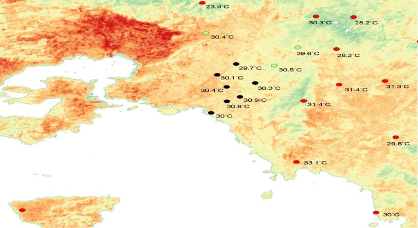55 C 28 C Σχήμα 4 Επιφανειακή θερμοκρασία (LST) με τη χρήση εικόνων Landsat 8 για την ευρύτερη περιοχή του λεκανοπεδίου Αθηνών και αποτύπωση της θερμοκρασίας αέρα από αστικούς, προαστιακούς και
