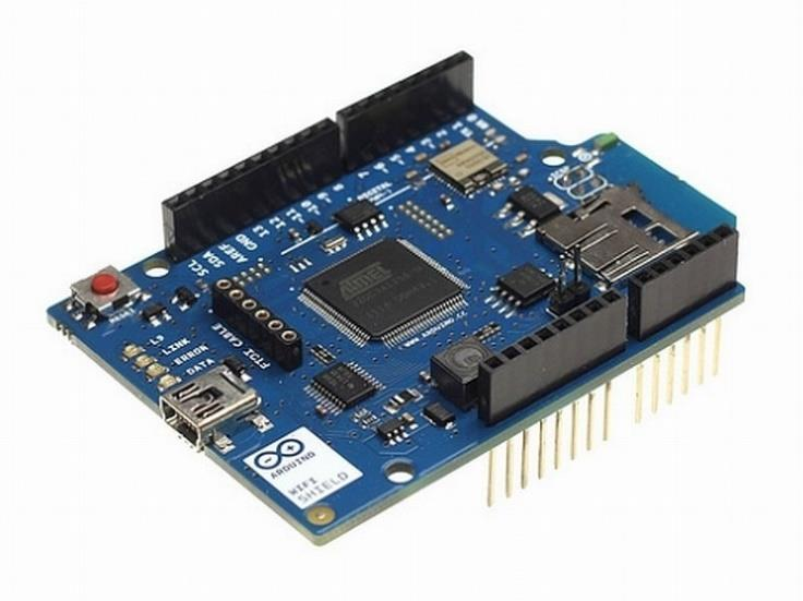 Εικόνα 19: Arduino WiFi Shield Το Arduino επικοινωνεί τόσο με τον επεξεργαστή του WiFi Shield όσο και με την κάρτα SD χρησιμοποιώντας το δίαυλο SPI (μέσω της κεφαλίδας ICSP).