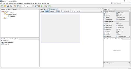 Εικόνα 8: JFrame Form Test1.java Στην παρακάτω Εικόνα 9, τα βασικά λειτουργικά στοιχεία του JFrame Form έχουν τονισθεί με κόκκινο χρώμα και σχόλια.