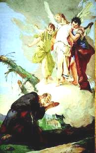 πάρετε δύναμη και μετά μπορείτε να πηγαίνετε...». Τρεις άγγελοι εμφανίζονται στον Αβραάμ, τοιχογραφία του Τιέπολο στο Ούντινε της Ιταλίας (18ος αι.