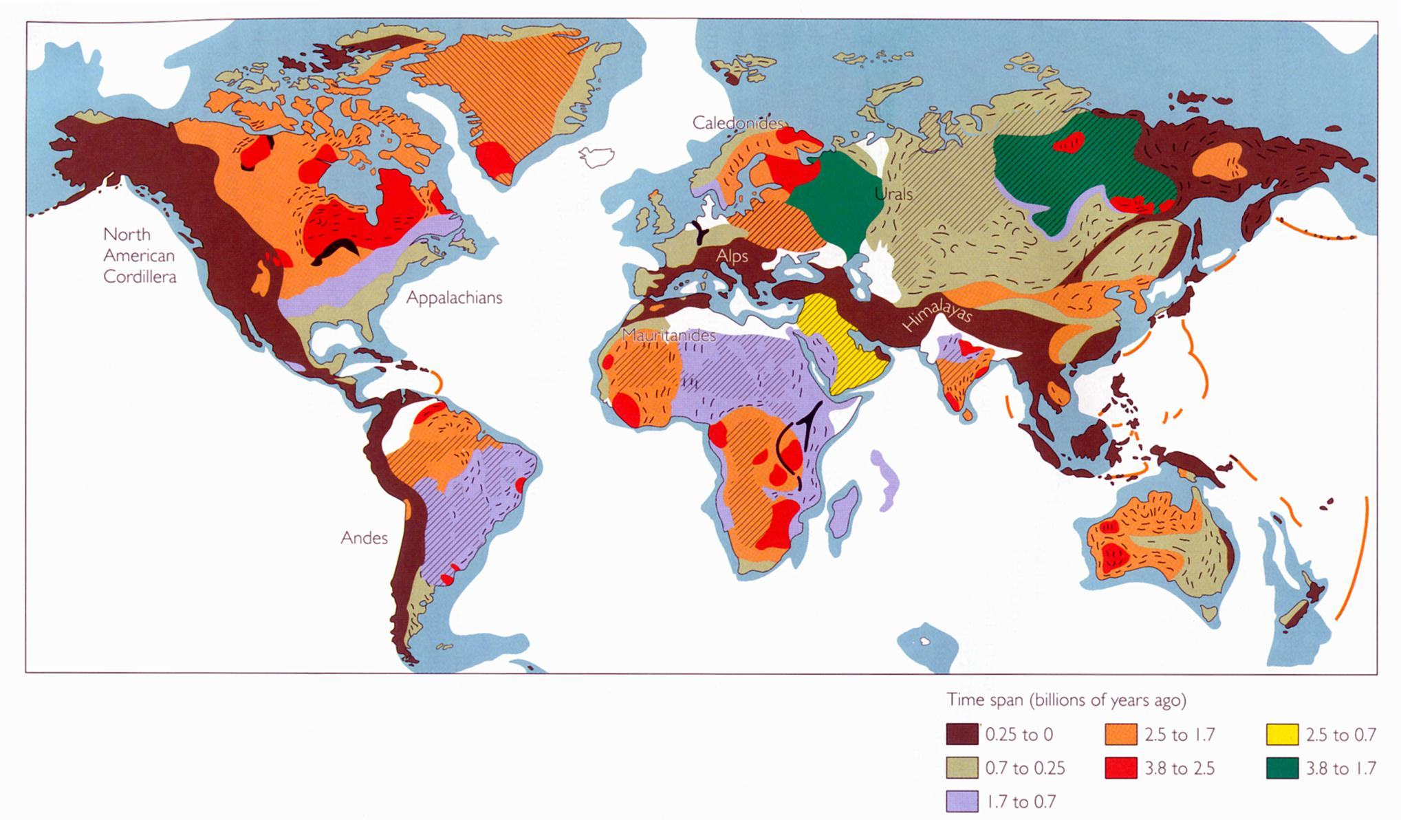 Orogeny, Orogenesis, Mountain Building Processes (folding, faulting, magmatism, metamorphism), Evolution of Continents Τα πετρώματα του ηπειρωτικού φλοιού ταξινομημένα ανάλογα με τη γεωλογική περίοδο
