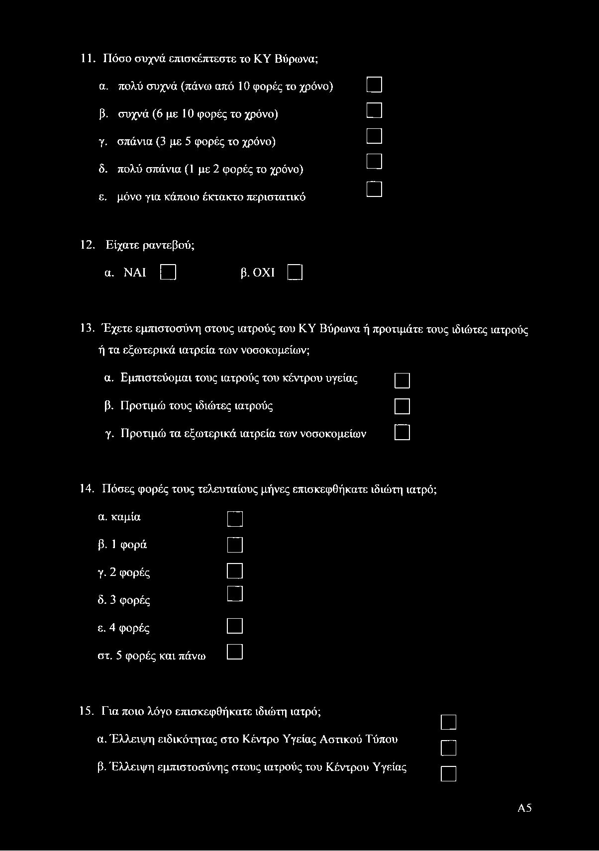 11. Πόσο συχνά επισκέπτεστε το ΚΥ Βύρωνα; α. πολύ συχνά (πάνω από 10 φορές το χρόνο) β. συχνά (6 με 10 φορές το χρόνο) γ. σπάνια (3 με 5 φορές το χρόνο) δ. πολύ σπάνια (1 με 2 φορές το χρόνο) ε.