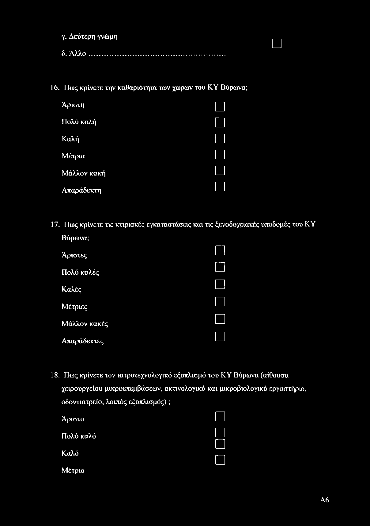 γ. Δεύτερη γνώμη δ. Άλλο... 16. Πώς κρίνετε την καθαριότητα των χώρων του ΚΥ Βύρωνα; Άριστη Πολύ καλή Καλή Μέτρια Μάλλον κακή Απαράδεκτη 17.