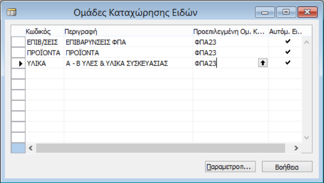 Εργαστηριακή Ενότητα 3 @ Πληροφοριακά Συστήμα Διοίκησης 3.2.5 Ομάδες καταχώρησης ειδών Καταχωρούμε τις κατηγορίες των ειδών πωλήσεων και αγορών.